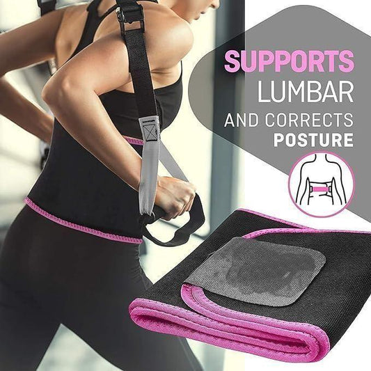 Woman wearing black and pink lumbar support belt for posture correction with PK branding.
