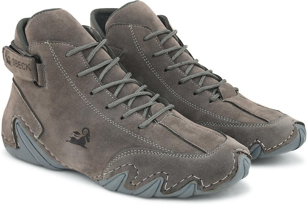 Gray suede high-top hiking shoes with zigzag stitching and rubber soles, side squirrel logo