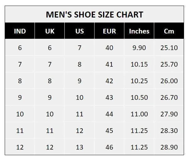 Men's shoe size chart with IND, UK, US, EUR, inches, and cm for PK store homepage.
