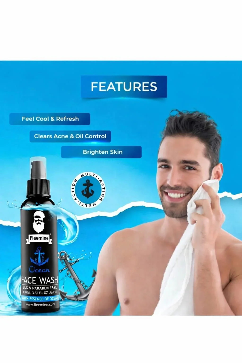 Smiling man using Fleemine Ocean face wash, highlights acne clearing, oil control, brightening skin