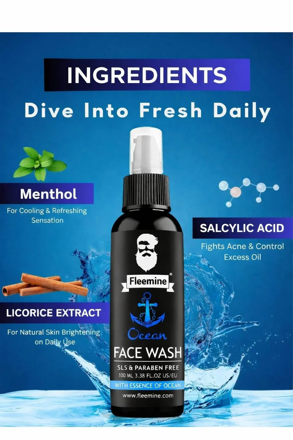 Fleemine Ocean face wash bottle with menthol, salicylic acid, and licorice extract, blue background