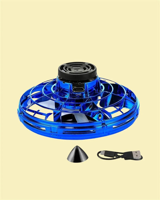 Blue rechargeable flying spinner toy with USB charging cable on light background, PK store