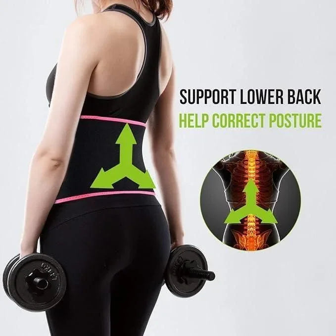 Woman wearing back support belt and lifting dumbbells, promoting posture correction and lower back support