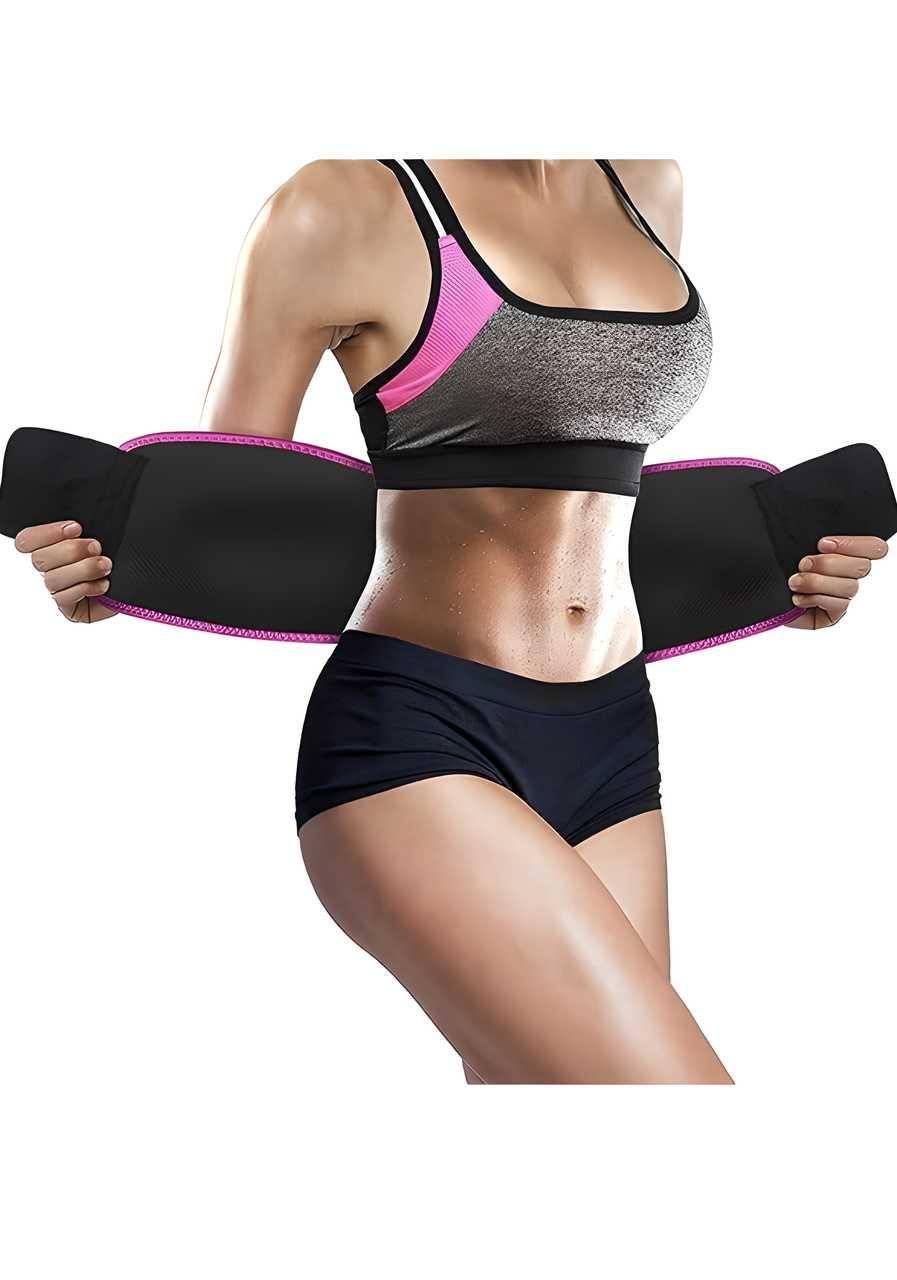 Woman wearing sportswear and sweat belt for waist slimming fitness, standing against white background.