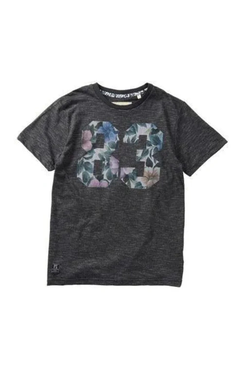Charcoal boy's short sleeve tee with floral 23 print, PK kids fashion shirt